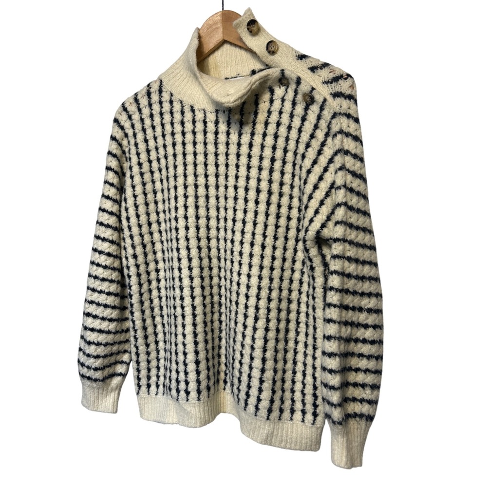 Frnch Paris Stripe Mock Neck Button Shoulder Knit Sweater Cream Black Size S/M